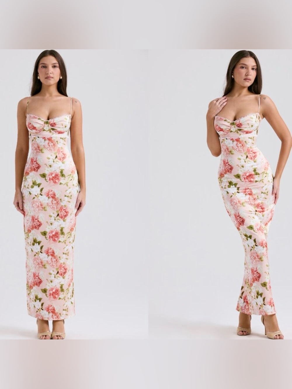 HOUSE OF CB 'Josefina' Pink Peony Print Satin Maxi Dress NWOT XS +